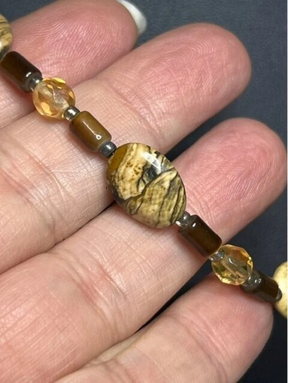 B6648 Long Beaded Necklace Jasper Tigers Eye Glass Earth Tone Toggle 21